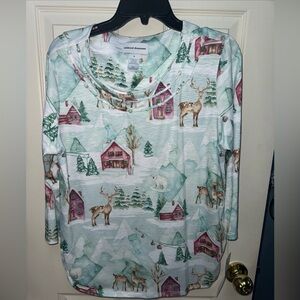 ALFRED DUNNER WOMEN'S SHIRT SCENE WINTER CHRISTMAS HOLIDAY DEER VILLAGE SIZE M